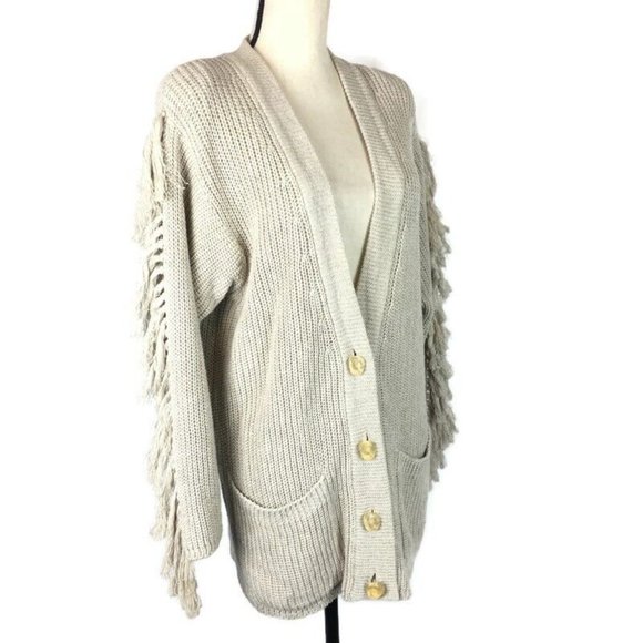 Vtg IB Diffusion Chunky Fringe Cardigan Sweater Womens XS Oversized Beige Boho - Picture 6 of 10